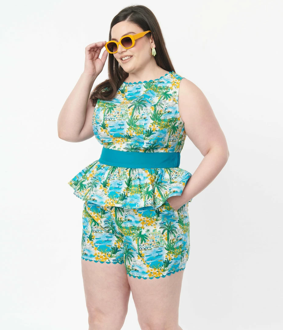 Unique Vintage Plus Size Seaside Village Print Honeybun Top