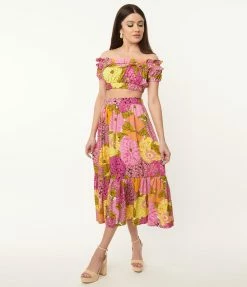 Sale Unique Vintage Pink & Yellow Floral Print Midi Skirt