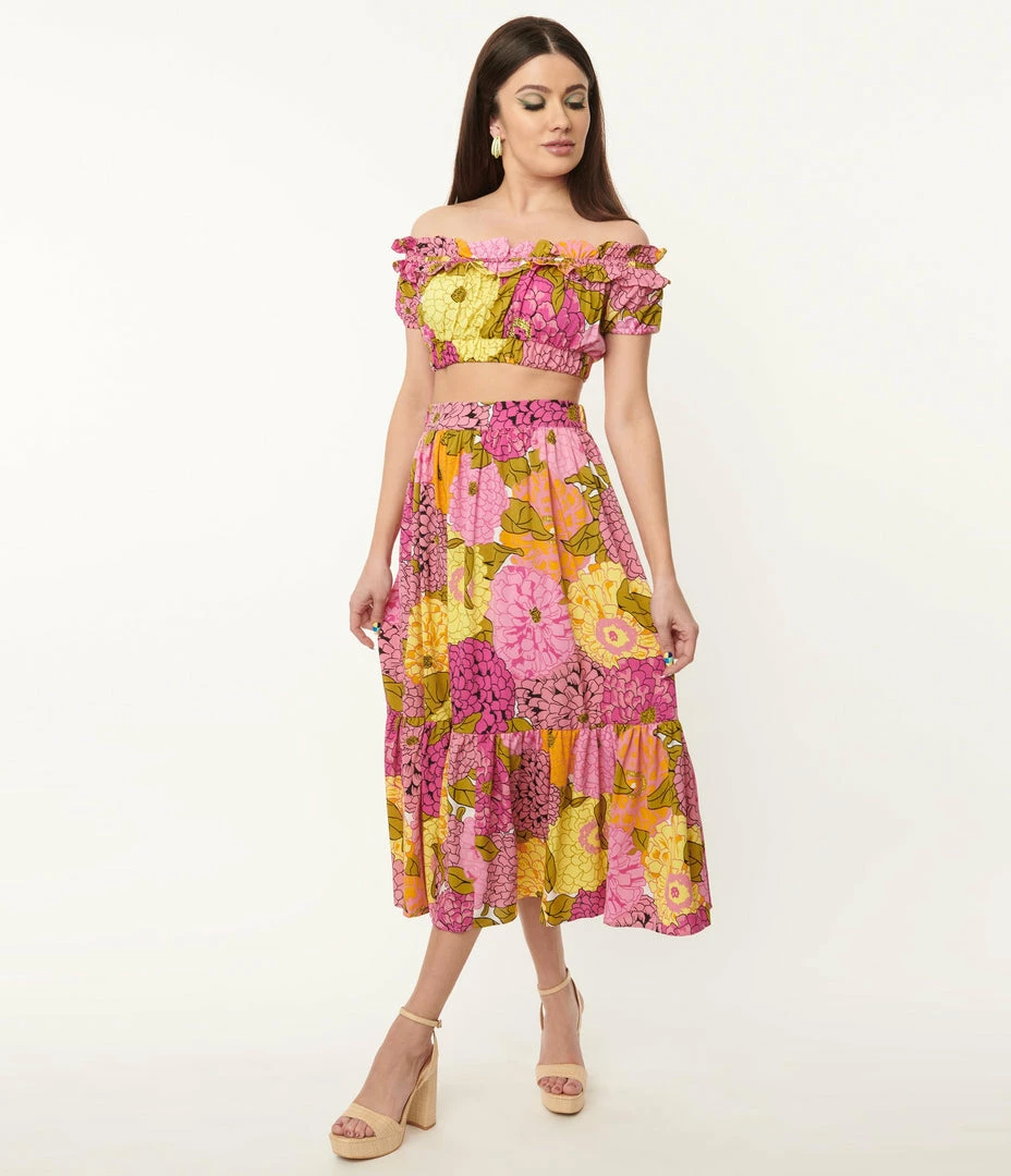 Sale Unique Vintage Pink & Yellow Floral Print Midi Skirt