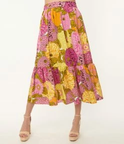 Sale Unique Vintage Pink & Yellow Floral Print Midi Skirt