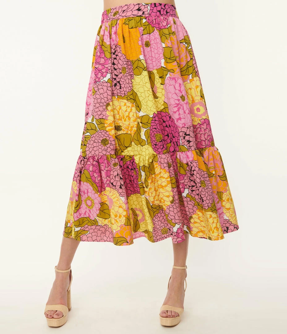 Sale Unique Vintage Pink & Yellow Floral Print Midi Skirt