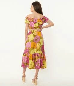 Sale Unique Vintage Pink & Yellow Floral Print Midi Skirt