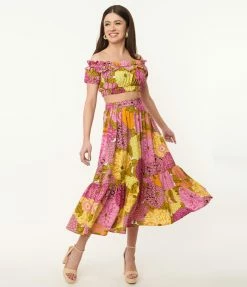 Sale Unique Vintage Pink & Yellow Floral Print Midi Skirt