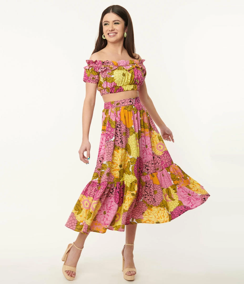 Sale Unique Vintage Pink & Yellow Floral Print Midi Skirt