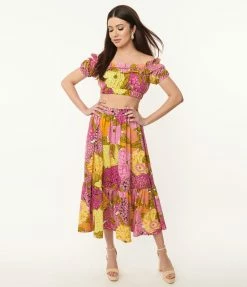 Sale Unique Vintage Pink & Yellow Floral Print Midi Skirt