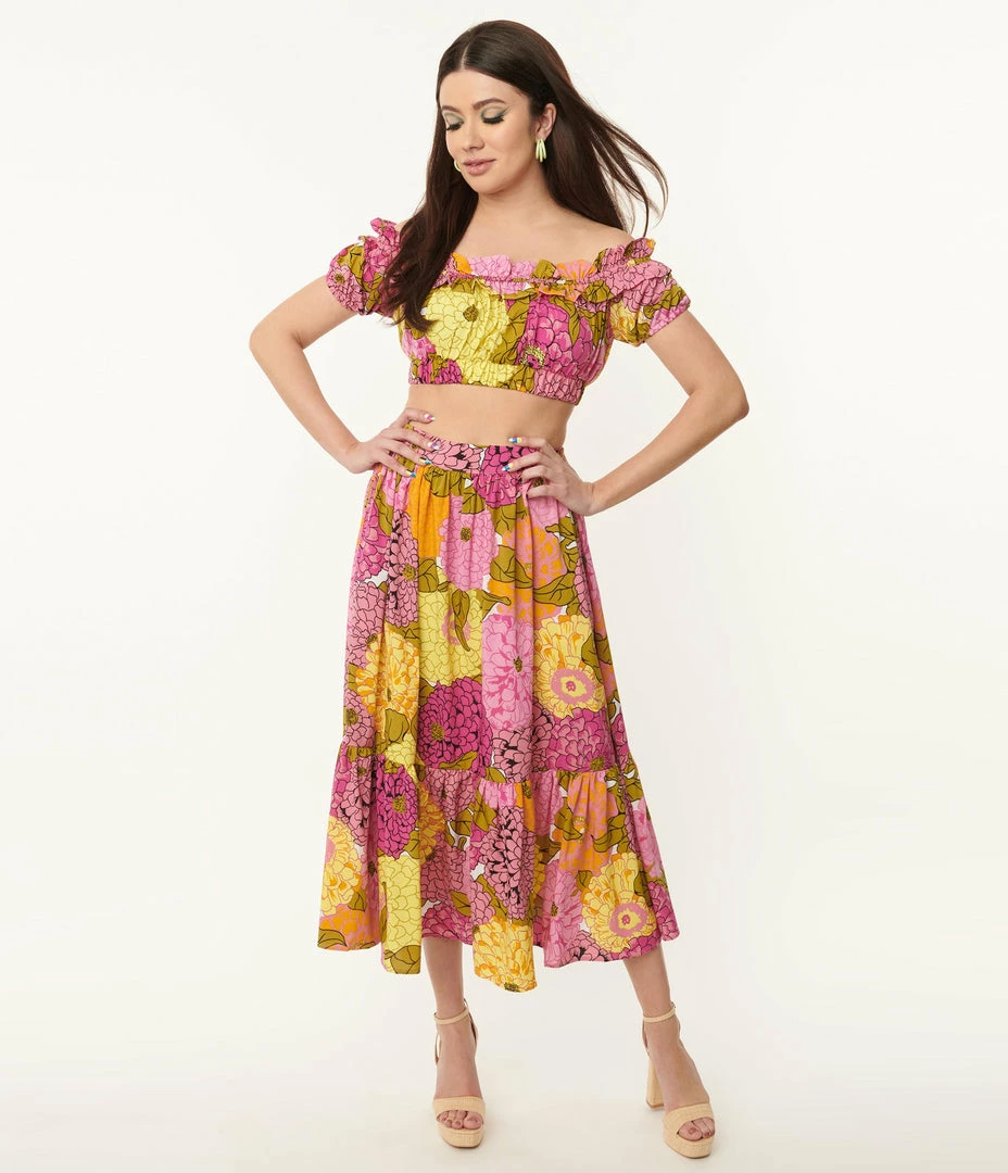 Sale Unique Vintage Pink & Yellow Floral Print Midi Skirt