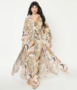 Unique Vintage Brown & Pink Paisley Print Jumpsuit & Skirt Overlay Sale