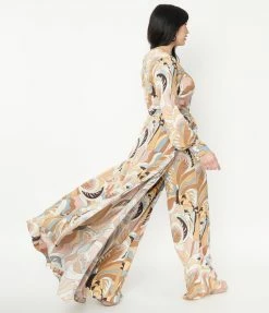 Unique Vintage Brown & Pink Paisley Print Jumpsuit & Skirt Overlay Sale