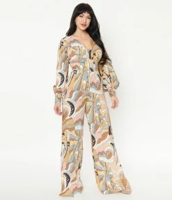 Unique Vintage Brown & Pink Paisley Print Jumpsuit & Skirt Overlay Sale