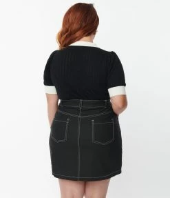 Unique Vintage Plus Size 1950s Black & White Collar Prim & Pretty Sweater