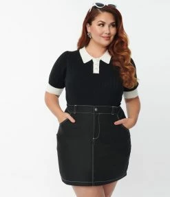 Unique Vintage Plus Size 1950s Black & White Collar Prim & Pretty Sweater