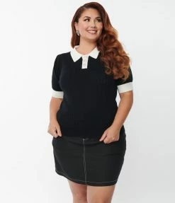 Unique Vintage Plus Size 1950s Black & White Collar Prim & Pretty Sweater