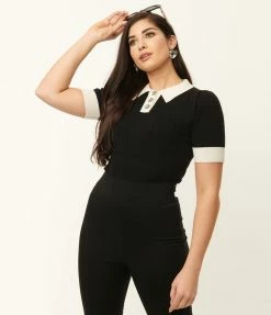 Trending Unique Vintage 1950s Black & White Collar Prim & Pretty Sweater