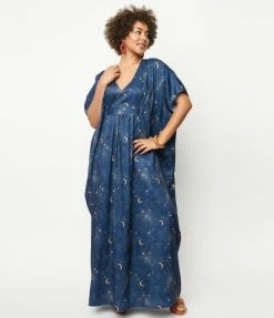 Trending Unique Vintage Navy & Golden Galaxy Burton Caftan Dress