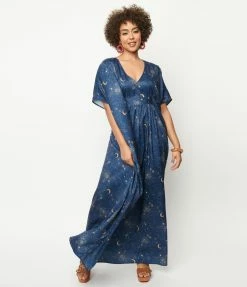 Trending Unique Vintage Navy & Golden Galaxy Burton Caftan Dress