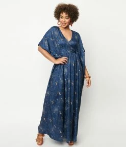 Trending Unique Vintage Navy & Golden Galaxy Burton Caftan Dress