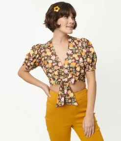 Smak Parlour Brown & Retro Tulip Print Roller Queen Crop Blouse