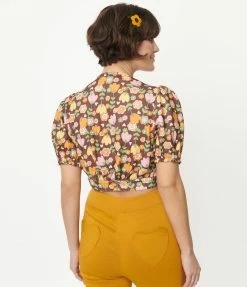 Smak Parlour Brown & Retro Tulip Print Roller Queen Crop Blouse