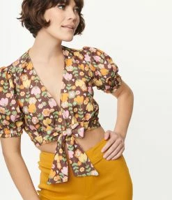 Smak Parlour Brown & Retro Tulip Print Roller Queen Crop Blouse