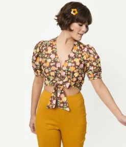 Smak Parlour Brown & Retro Tulip Print Roller Queen Crop Blouse