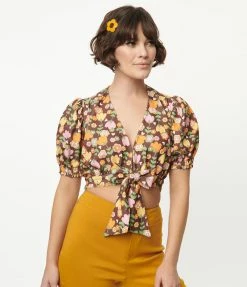 Smak Parlour Brown & Retro Tulip Print Roller Queen Crop Blouse