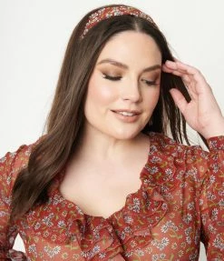 Unique Vintage Rust & Daisy Print Hair Scarf