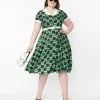 Unique Vintage Plus Size 1950s Green & Moth Checkered Print Alexis Swing Dress Sale