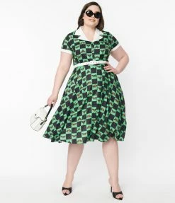 Unique Vintage Plus Size 1950s Green & Moth Checkered Print Alexis Swing Dress Sale