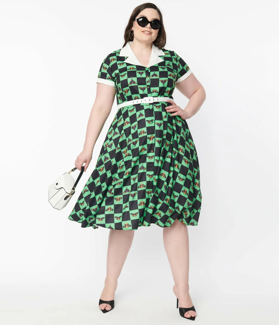 Unique Vintage Plus Size 1950s Green & Moth Checkered Print Alexis Swing Dress Sale