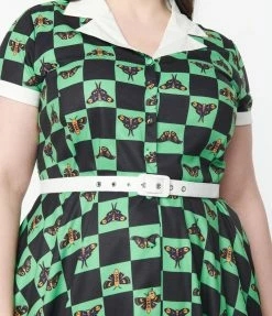 Unique Vintage Plus Size 1950s Green & Moth Checkered Print Alexis Swing Dress Sale