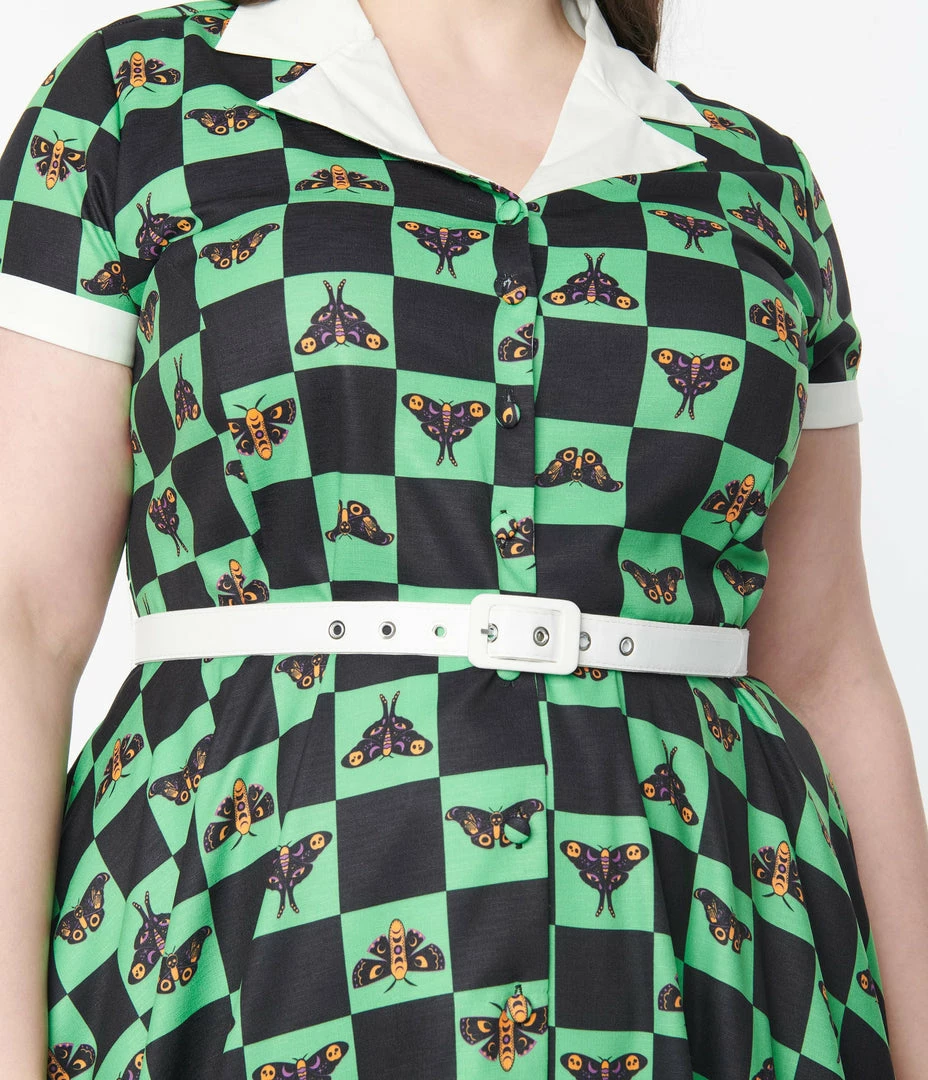 Unique Vintage Plus Size 1950s Green & Moth Checkered Print Alexis Swing Dress Sale
