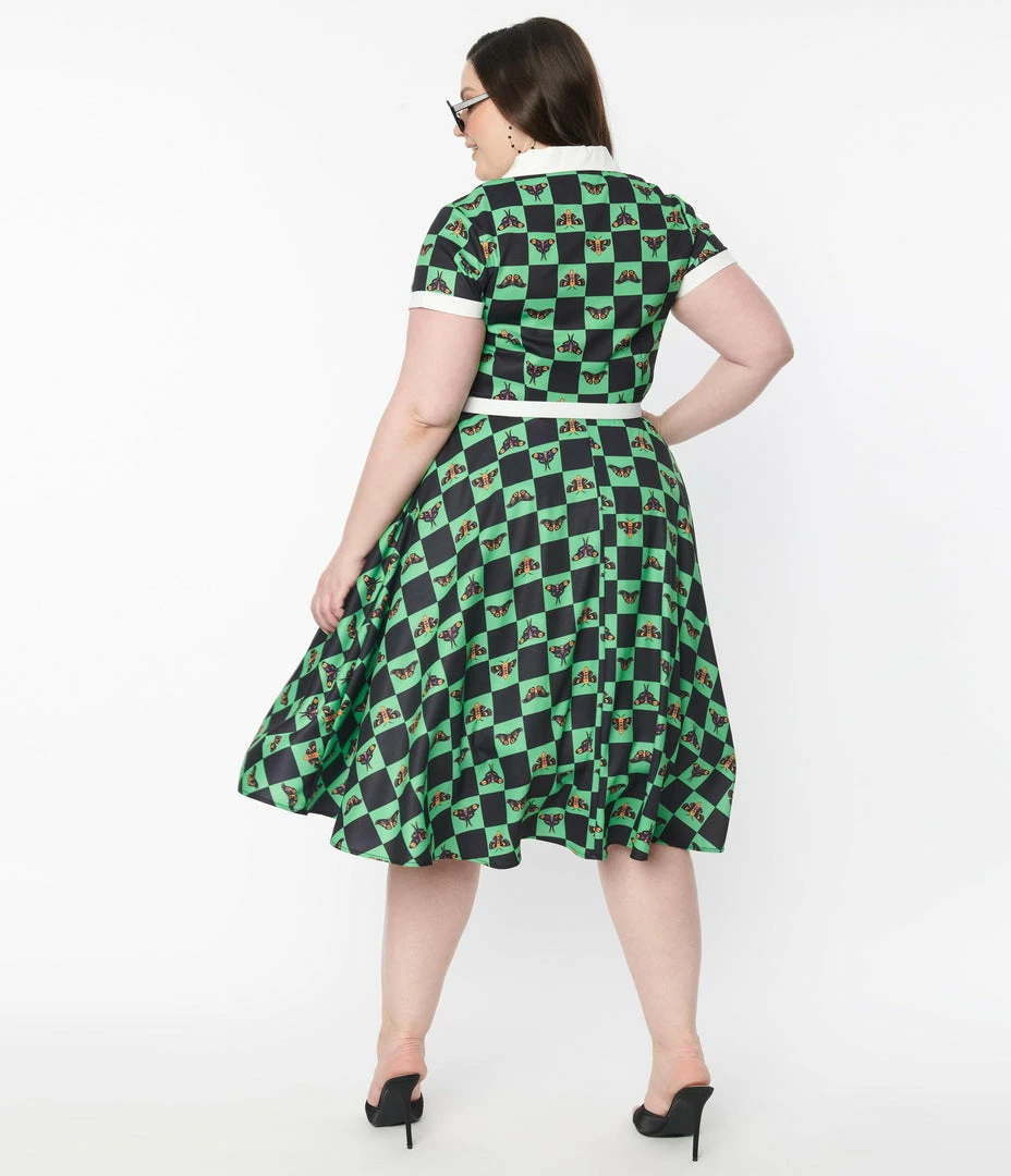 Unique Vintage Plus Size 1950s Green & Moth Checkered Print Alexis Swing Dress Sale
