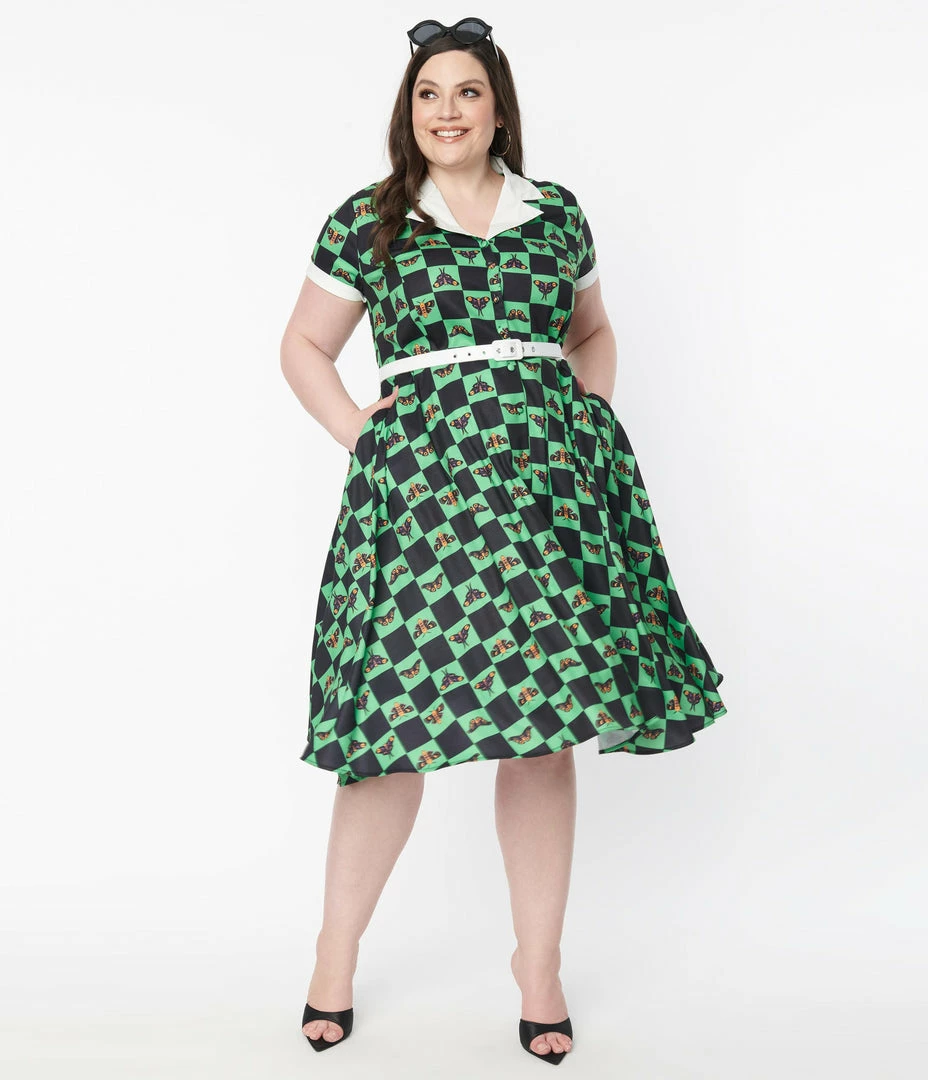 Unique Vintage Plus Size 1950s Green & Moth Checkered Print Alexis Swing Dress Sale