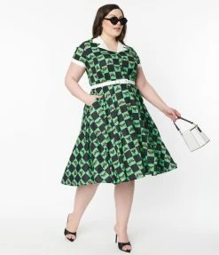 Unique Vintage Plus Size 1950s Green & Moth Checkered Print Alexis Swing Dress Sale