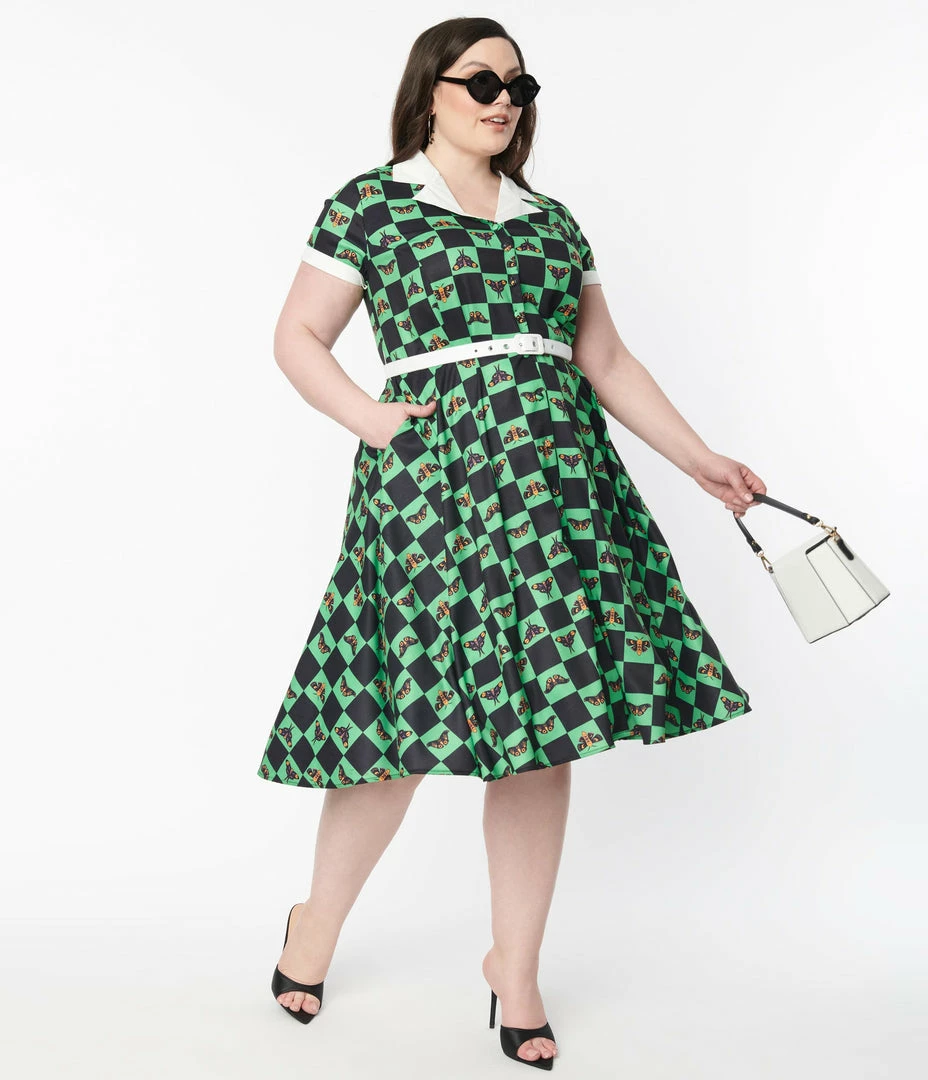 Unique Vintage Plus Size 1950s Green & Moth Checkered Print Alexis Swing Dress Sale