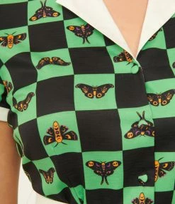 Unique Vintage 1950s Green & Moth Checkered Print Alexis Swing Dress Sale