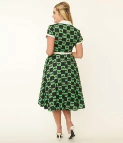 Unique Vintage 1950s Green & Moth Checkered Print Alexis Swing Dress Sale