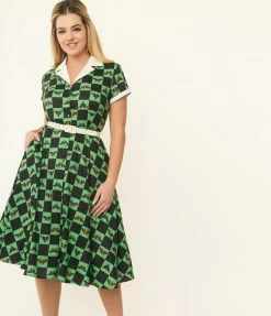 Unique Vintage 1950s Green & Moth Checkered Print Alexis Swing Dress Sale