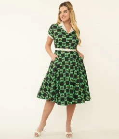 Unique Vintage 1950s Green & Moth Checkered Print Alexis Swing Dress Sale
