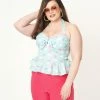 Unique Vintage Plus Size Aqua & Rainbow Print Peplum Halter Top Sale