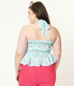 Unique Vintage Plus Size Aqua & Rainbow Print Peplum Halter Top Sale