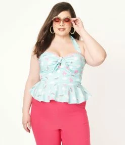 Unique Vintage Plus Size Aqua & Rainbow Print Peplum Halter Top Sale