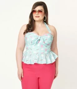 Unique Vintage Plus Size Aqua & Rainbow Print Peplum Halter Top Sale