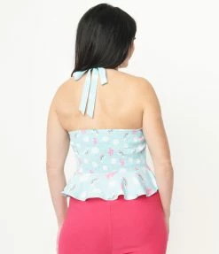 Unique Vintage Aqua & Rainbow Print Peplum Halter Top