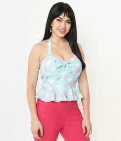 Unique Vintage Aqua & Rainbow Print Peplum Halter Top