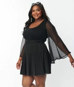 Smak Parlour Plus Size Black & Swiss Dotted Bell Sleeve Bodysuit Trending