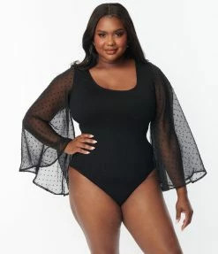 Smak Parlour Plus Size Black & Swiss Dotted Bell Sleeve Bodysuit Trending