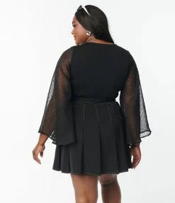 Smak Parlour Plus Size Black & Swiss Dotted Bell Sleeve Bodysuit Trending