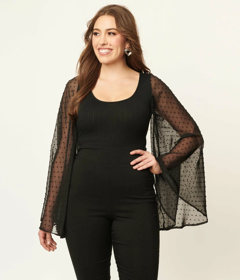 Smak Parlour Black & Swiss Dotted Bell Sleeve Bodysuit Trending