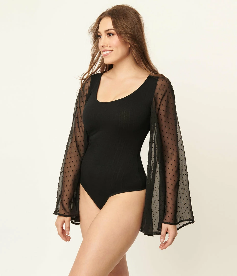 Smak Parlour Black & Swiss Dotted Bell Sleeve Bodysuit Trending
